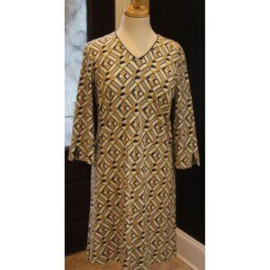 J McLaughlin Dress Size Small V Neck 3/4 Sleeve Navy Tan Printed Pattern